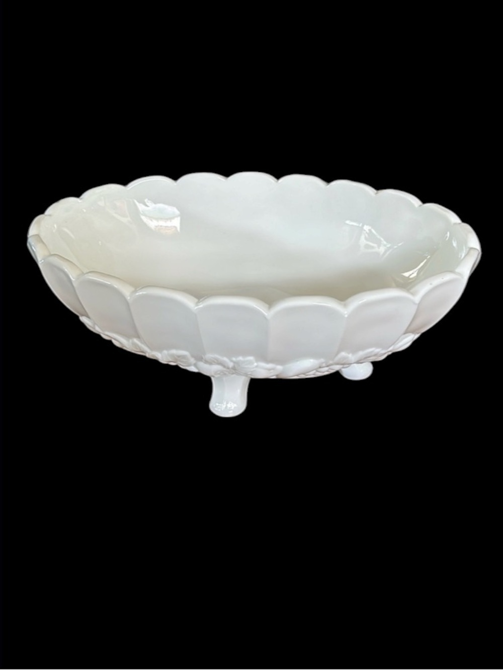 Vintage Large MilkGlass Footed Oval Bowl w Harvest Grape Fruit